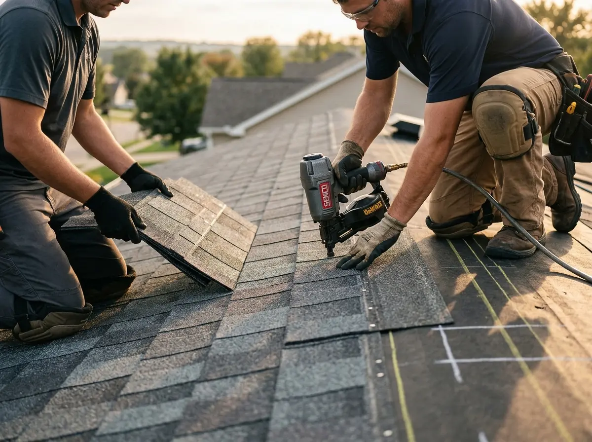 Professional roofer working on a residential roof in Whittier